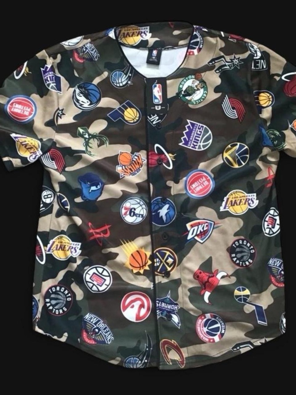 NBA Men’s Button-Front Camo Shirt with Multicolor Team Logos